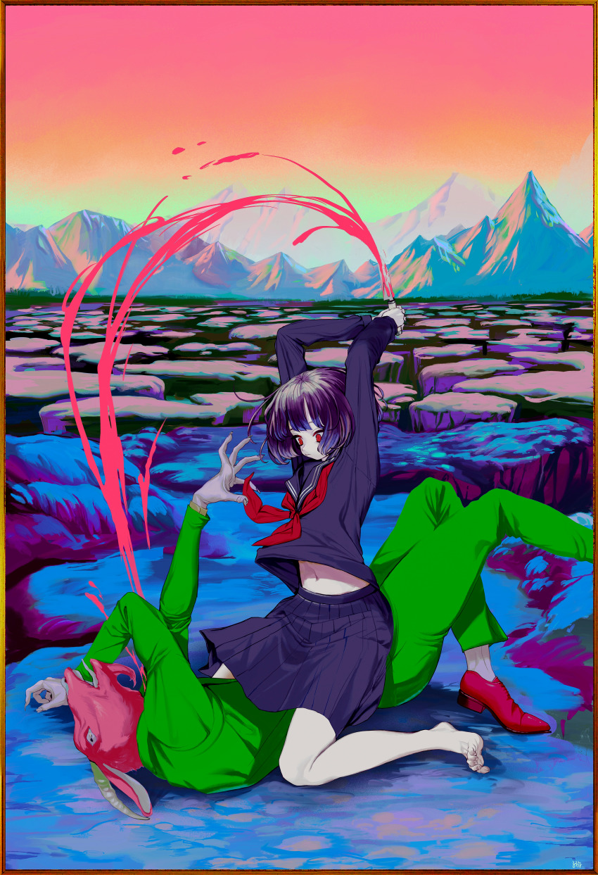 1boy, 1girl, absurdres, barefoot, black_hair, black_sailor_collar, black_serafuku, black_shirt