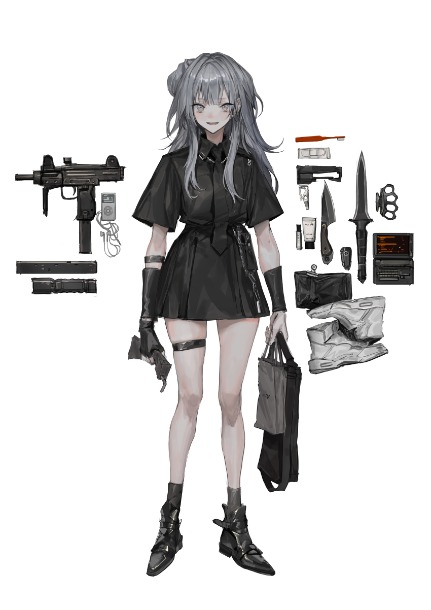1girl, absurdres, bag, brass_knuckles, drink_carton, equipment_layout, flashlight, grey_eyes