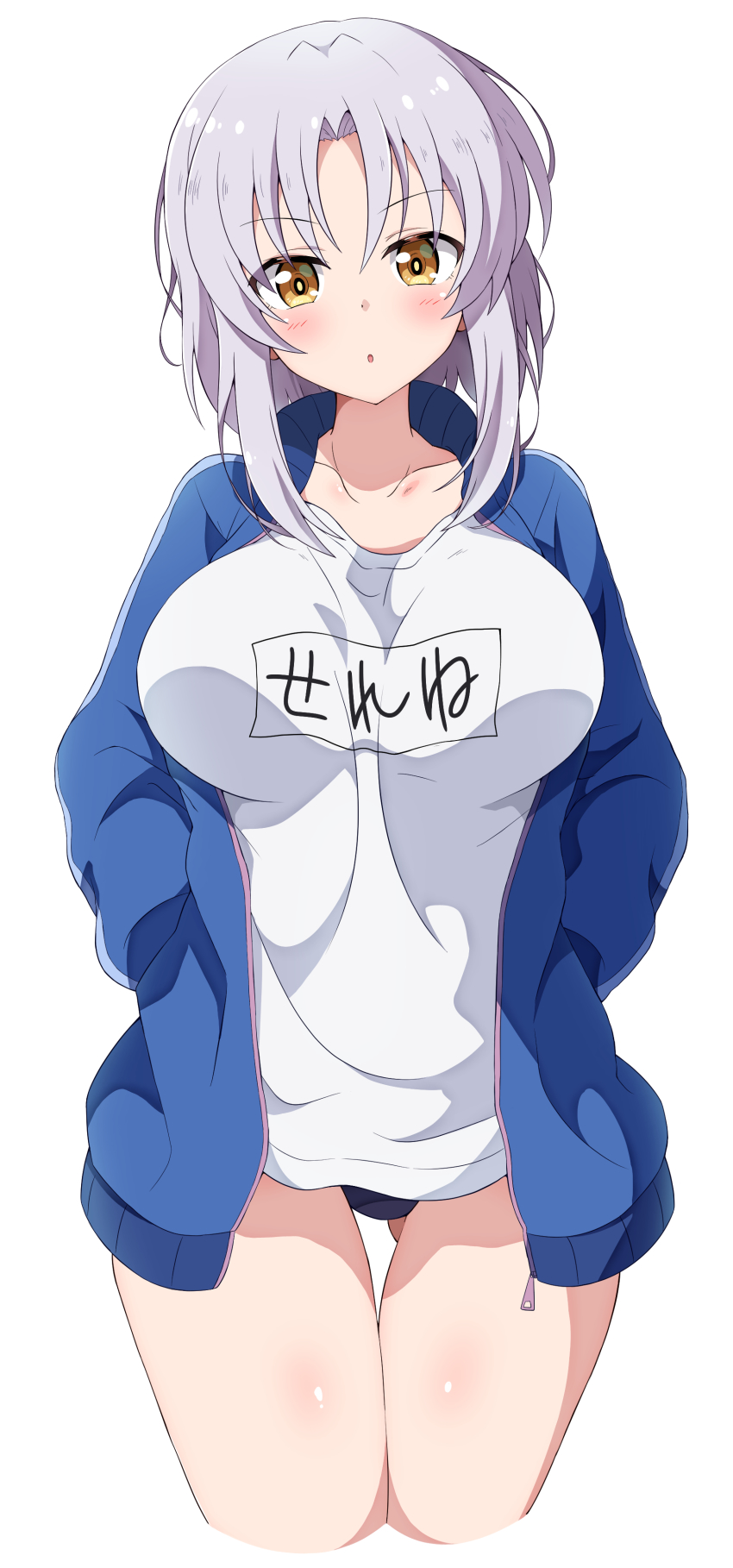 1girl, :o, absurdres, bare_legs, bikini, bikini_under_clothes, black_bikini, blonde_hair, blue_track_suit, blush, breasts, collarbone, commentary, cropped_legs, eggman_(ni_tamagoex), gluteal_fold, hands_in_pockets, highres, hozumi_serene, jacket, jersey, large_breasts, long_sleeves, looking_at_viewer, megami-ryou_no_ryoubo-kun, open_clothes, open_jacket, parted_bangs, parted_lips, shirt, sidelocks, silver_hair, simple_background, swimsuit, swimsuit_under_clothes, thighs, track_jacket, track_suit, white_background, white_shirt