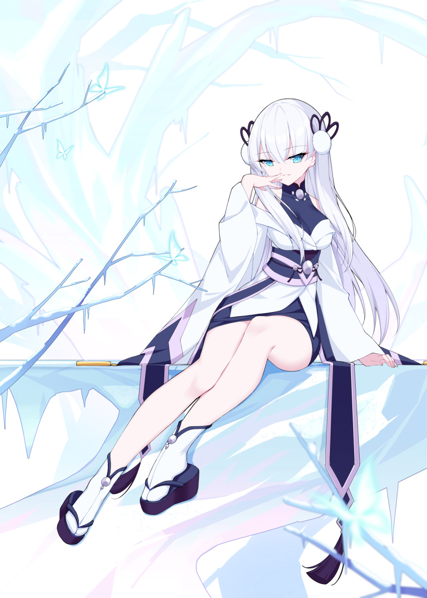 1girl, bare_legs, bare_shoulders, blue_eyes, breasts, duel_monster, full_body, hand_on_own_face, highres, ice, japanese_clothes, long_hair, long_sleeves, medium_breasts, obi, rx7649, sandals, sash, sitting, socks, solo, tabi, white_hair, wide_sleeves, yu-gi-oh!, yuki-onna_the_ice_mayakashi