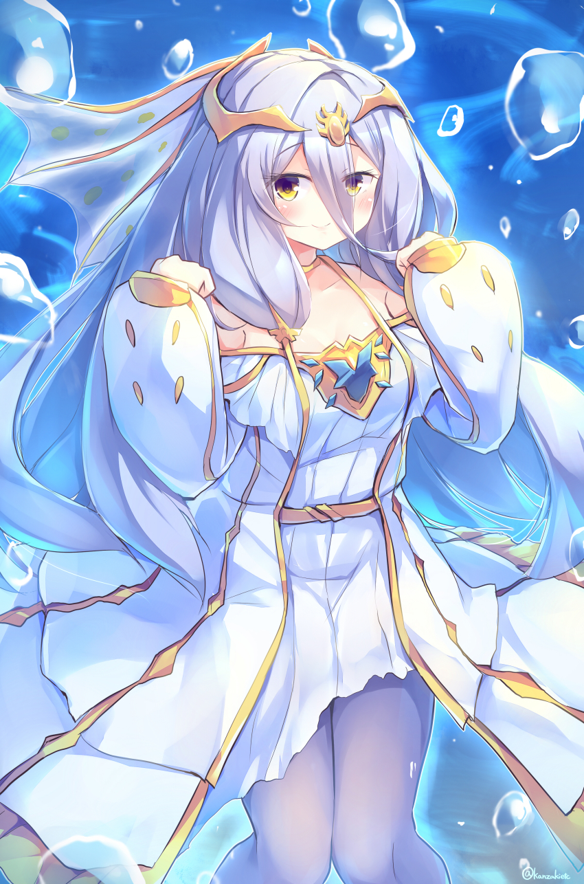 1girl, absurdres, blush, circlet, closed_mouth, dress, duel_monster, hair_between_eyes, highres, kanzakietc, long_hair, long_sleeves, marincess_sleepy_maiden, off-shoulder_dress, off_shoulder, pantyhose, purple_pantyhose, smile, solo, very_long_hair, white_dress, yu-gi-oh!