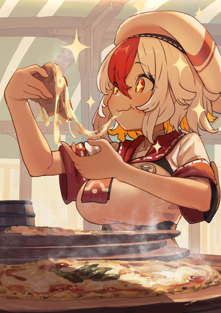1girl, absurdres, blonde_hair, blush, cheese, cheese_trail, eating, food, greentanuki, hat, highres, holding, holding_food, holding_pizza, margherita_pizza, multicolored_hair, nina_(greentanuki), original, pizza, pizza_slice, red_eyes, red_hair, shorts, smile, solo, steam, upper_body, white_hair