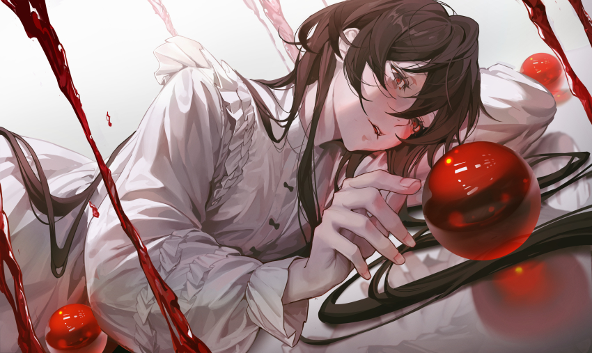 1girl, absurdres, blood, blood_drip, brown_eyes, brown_hair, collared_dress, dress