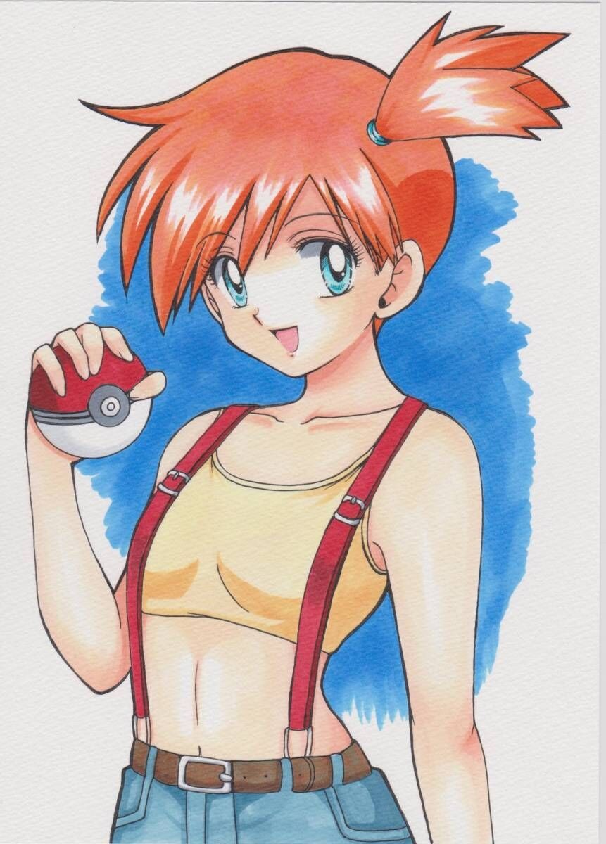 1girl, armpits, asymmetrical_hair, denim, denim_shorts, eyelashes, gen_1_pokemon, green_eyes, gym_leader, hair_between_eyes, hair_tie, highres, looking_at_viewer, misty_(pokemon), momohiyaltuko0124, navel, nintendo, orange_hair, poke_ball, pokemon, pokemon_(anime), pokemon_(classic_anime), ponytail, shirt, short_hair, short_shorts, shorts, side_ponytail, solo, suspenders, tank_top, wide_hips, yellow_shirt, yellow_tank_top