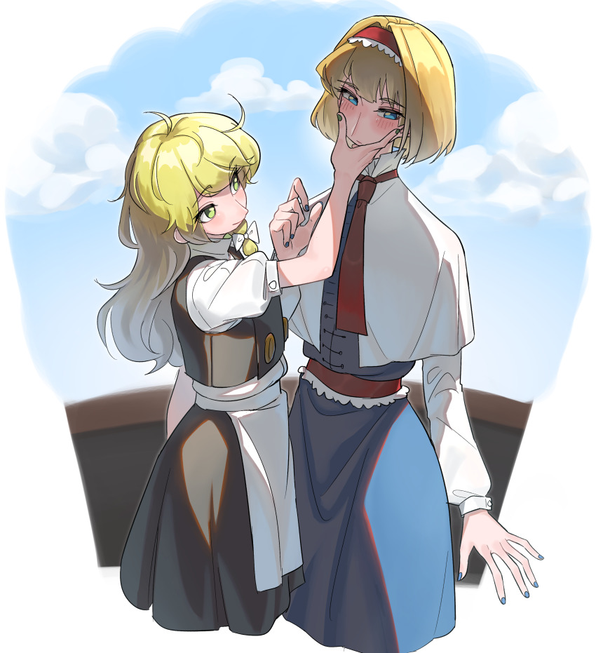 2girls, absurdres, alice_margatroid, blonde_hair, blue_eyes, blue_nails, blush, bob_cut