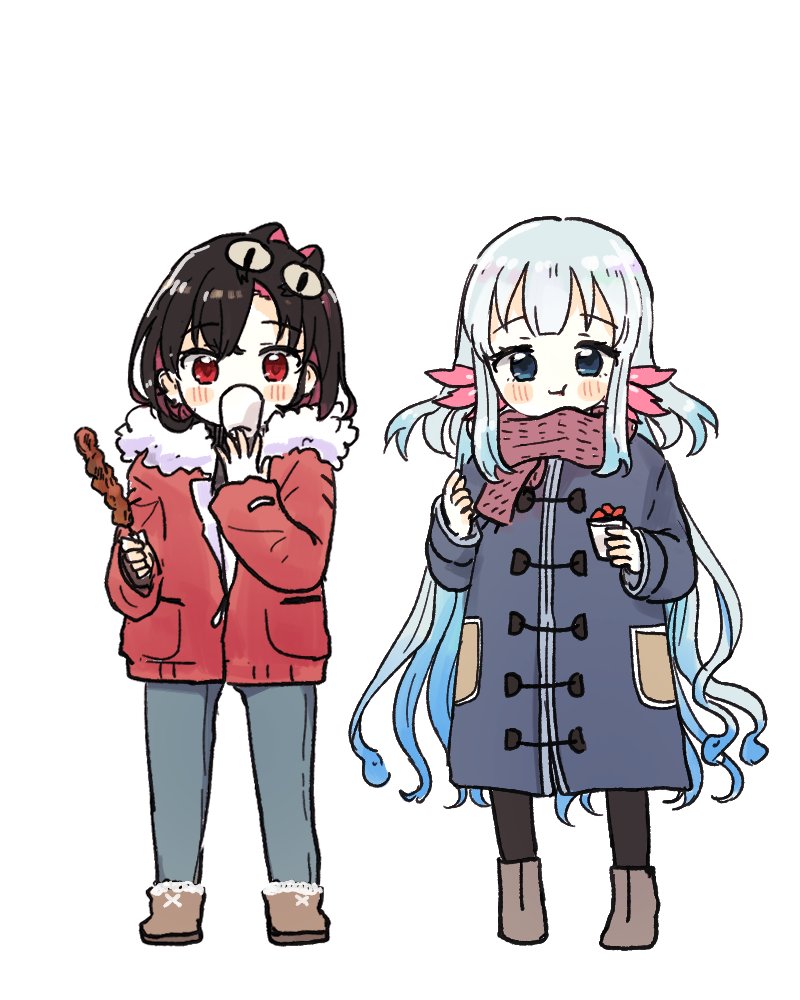 2girls, black_hair, blue_eyes, blue_hair, blue_jacket, blue_pants, blush, boots