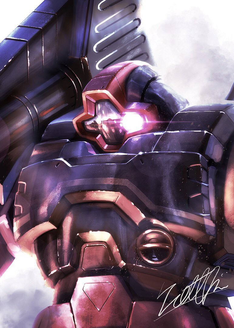 bazooka_(gundam), dom_(mobile_suit), glowing, glowing_eye, gundam, looking_to_the_side, mecha, mobile_suit