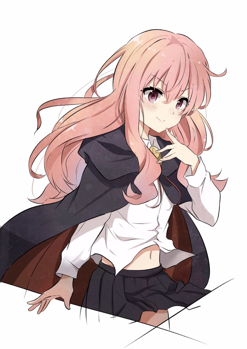 1girl, black_cape, black_skirt, blush, cape, commentary_request, hair_between_eyes, highres