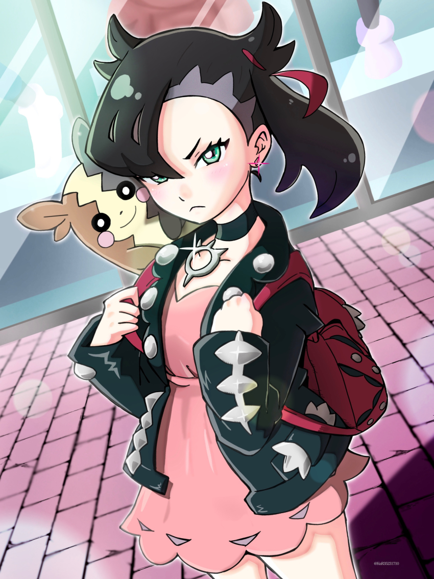 1girl, absurdres, angry, aruke_(gter7727), asymmetrical_bangs, backpack, bag, black_choker