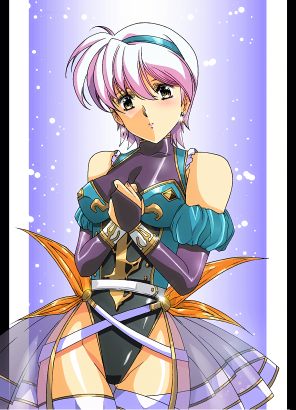 1girl, black_leotard, blue_hairband, blush, border, breasts, bridal_gauntlets, cleavage