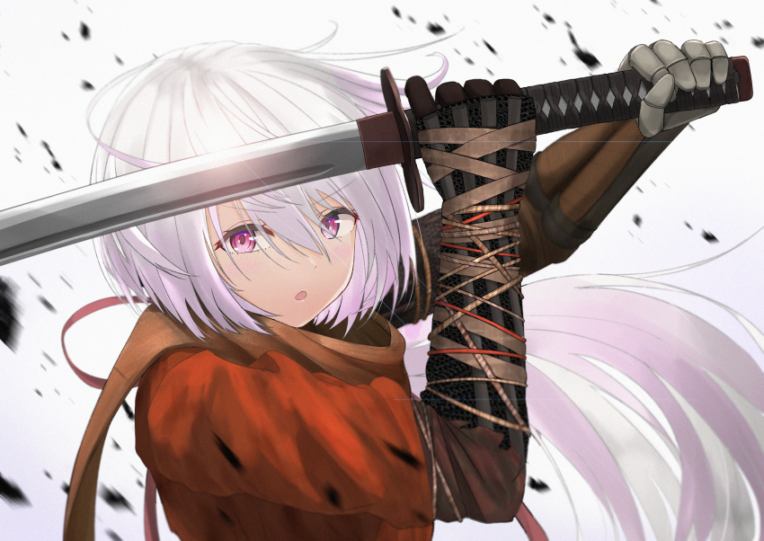 1girl, absurdres, brown_scarf, floating_hair, gauntlets, hair_between_eyes, hair_ribbon, highres, holding, holding_sword, holding_weapon, ichinose_rokujou, jacket, katana, long_hair, looking_at_viewer, motion_blur, nijisanji, open_mouth, orange_jacket, pink_eyes, ponytail, red_ribbon, ribbon, scarf, sekiro:_shadows_die_twice, shiina_yuika, silver_hair, solo, sword, upper_body, very_long_hair, virtual_youtuber, weapon, white_background