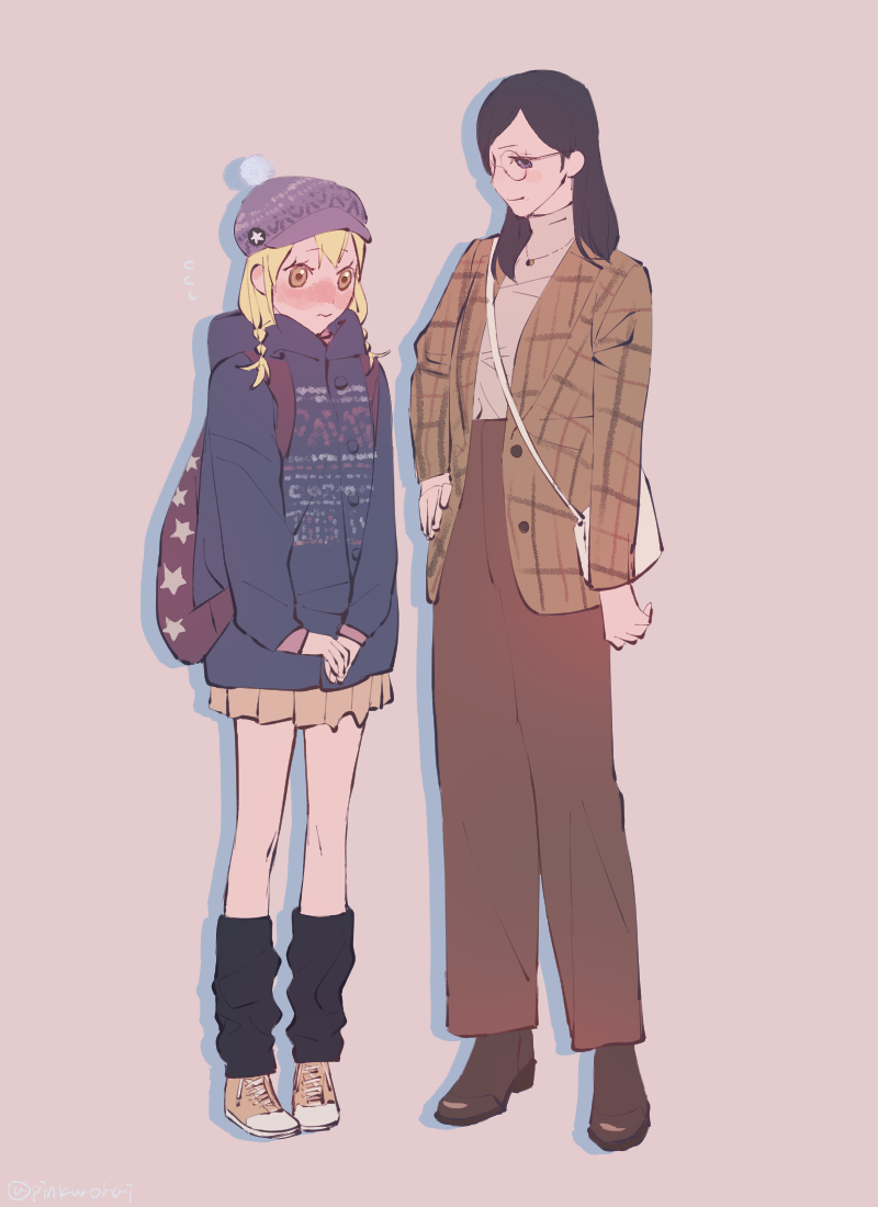 2girls, alternate_costume, bag, black_hair, blonde_hair, full_body, glasses, haikyuu!!