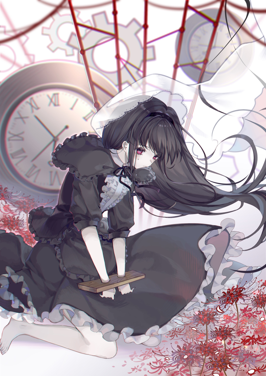 1girl, abstract_background, absurdres, akemi_homura, akemi_homura_(black_dress), black_dress, black_hairband, black_ribbon, capelet, clock, collared_shirt, crying, crying_with_eyes_open, dress, expressionless, flower, frilled_dress, frilled_shirt, frills, full_body, funeral_dress, gears, hair_between_eyes, hair_ornament, hairband, highres, kneeling, long_hair, looking_down, magical_girl, mahou_shoujo_madoka_magica, mahou_shoujo_madoka_magica:_hangyaku_no_monogatari, moseley, neck_ribbon, pale_skin, red_eyes, red_flower, restrained, ribbon, sad, shirt, short_sleeves, sidelocks, silk, solo, spider_lily, spider_web, stocks, tears, veil, very_long_hair, white_background, white_shirt