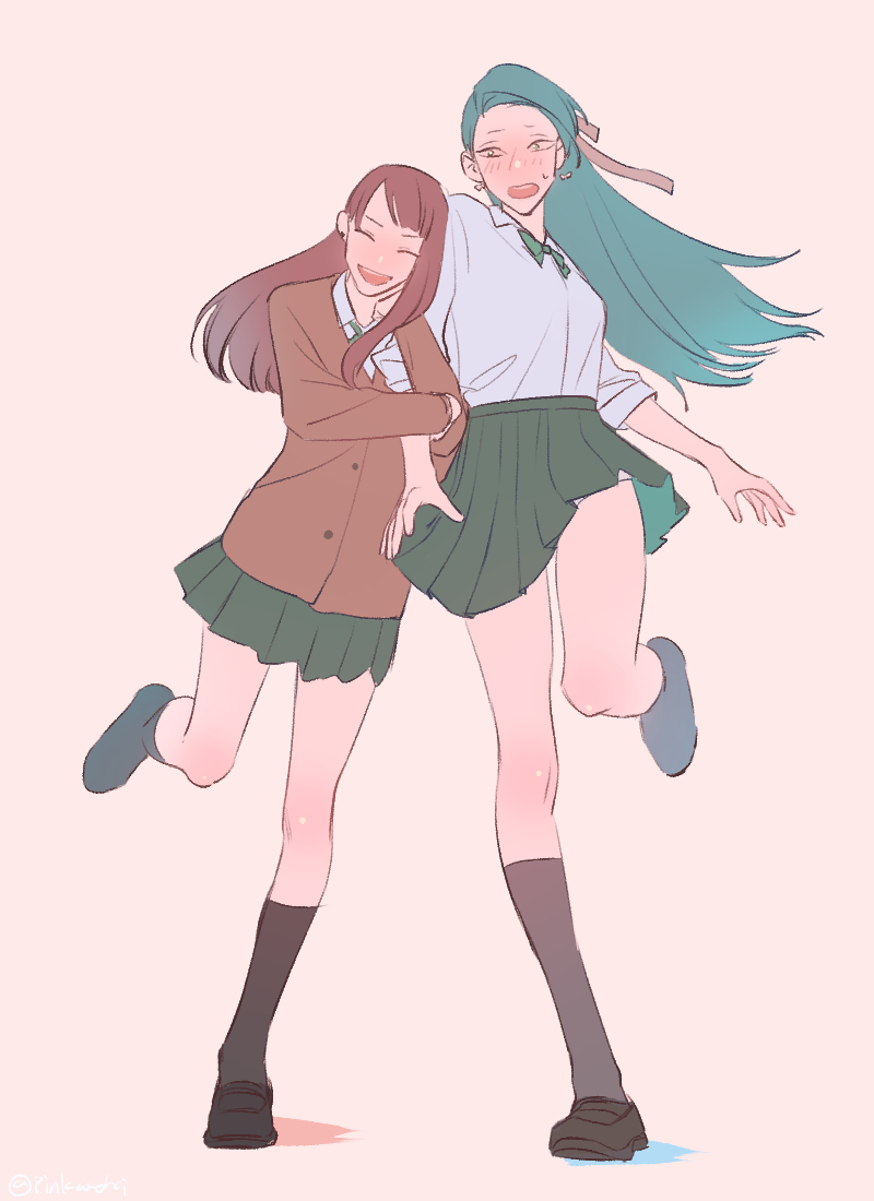 2girls, arm_hug, blush, brown_hair, daishou_suguru, closed_eyes, female_focus, full_body