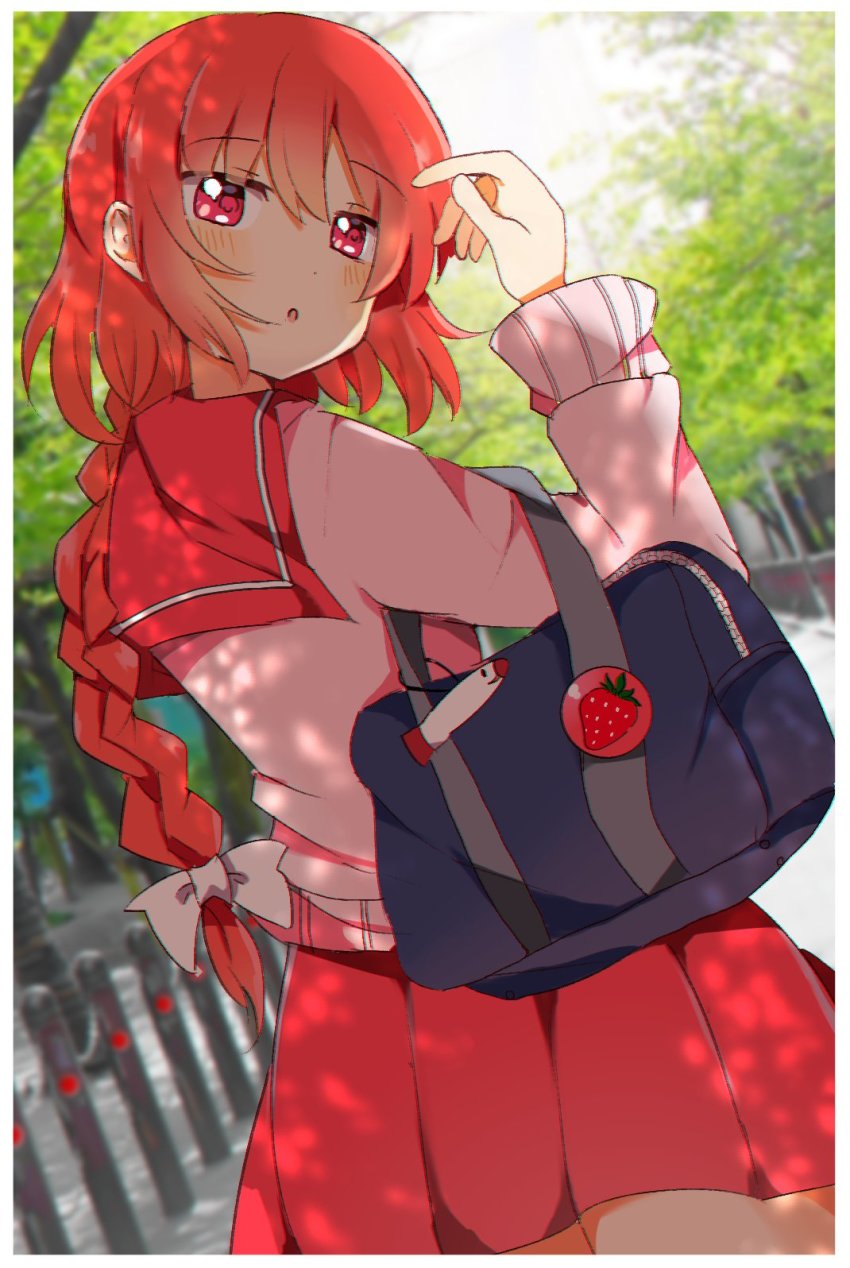 :o, bag, blouse, blush, bow, braid, food, fruit, highres, long_hair, long_sleeves, looking_back, mimi-chan, okazaki_yumemi, open_mouth, outdoors, pleated_skirt, red_eyes, red_hair, red_sailor_collar, red_skirt, sailor_collar, school_uniform, serafuku, shirt, skirt, solo, strawberry, touhou, touhou_(pc-98), white_bow, zerokosan