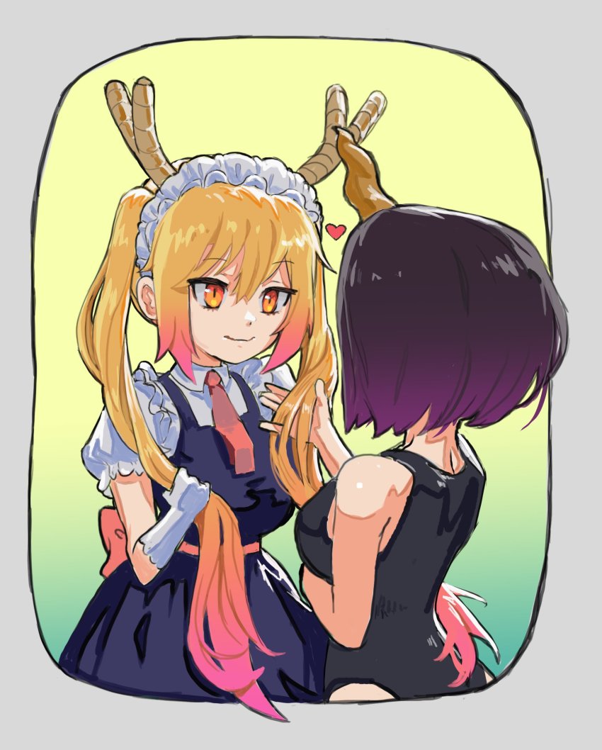 2girls, annie_lyce, bare_arms, black_hair, black_leotard, blonde_hair, breasts, closed_mouth