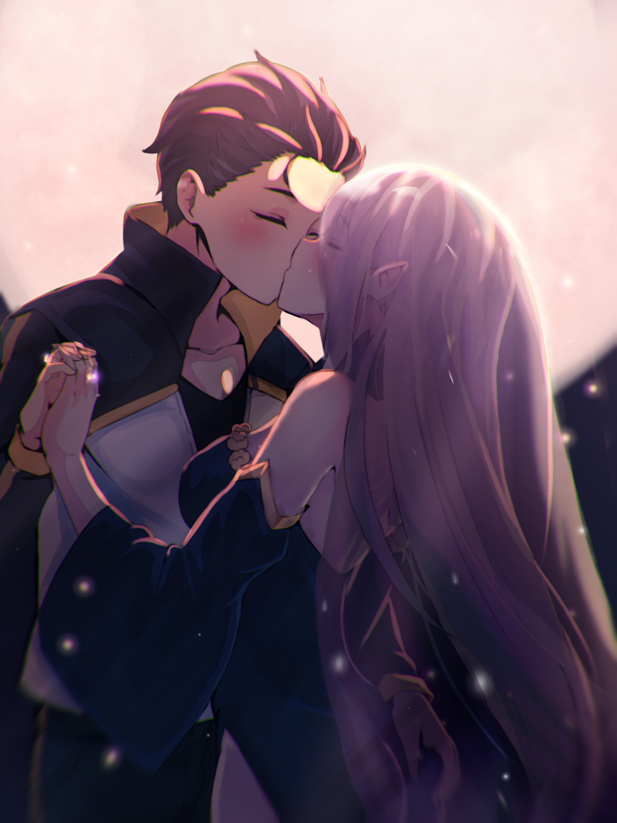 1boy, 1girl, ass_grab, black_dress, black_hair, blush, breasts, closed_eyes