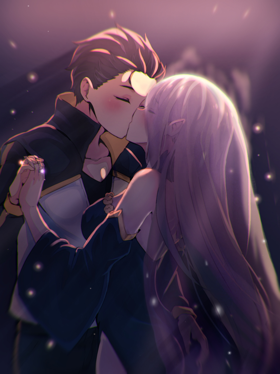 1boy, 1girl, ass_grab, black_dress, black_hair, blush, breasts, closed_eyes