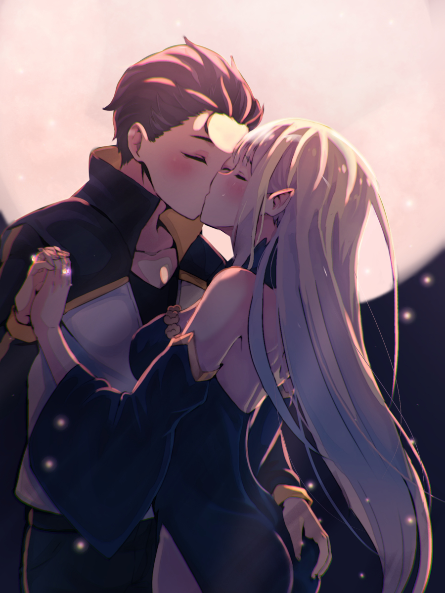 1boy, 1girl, ass_grab, black_dress, black_hair, blush, breasts, closed_eyes, clothing_cutout, detached_sleeves, dress, elf, flower_trim, hetero, highres, hip_vent, holding_hands, jacket, kiss, long_hair, medium_breasts, moon, natsuki_subaru, night, pointy_ears, raised_collar, re:zero_kara_hajimeru_isekai_seikatsu, satella_(re:zero), short_hair, silver_hair, sky, track_jacket, track_suit, very_long_hair, zerobarto