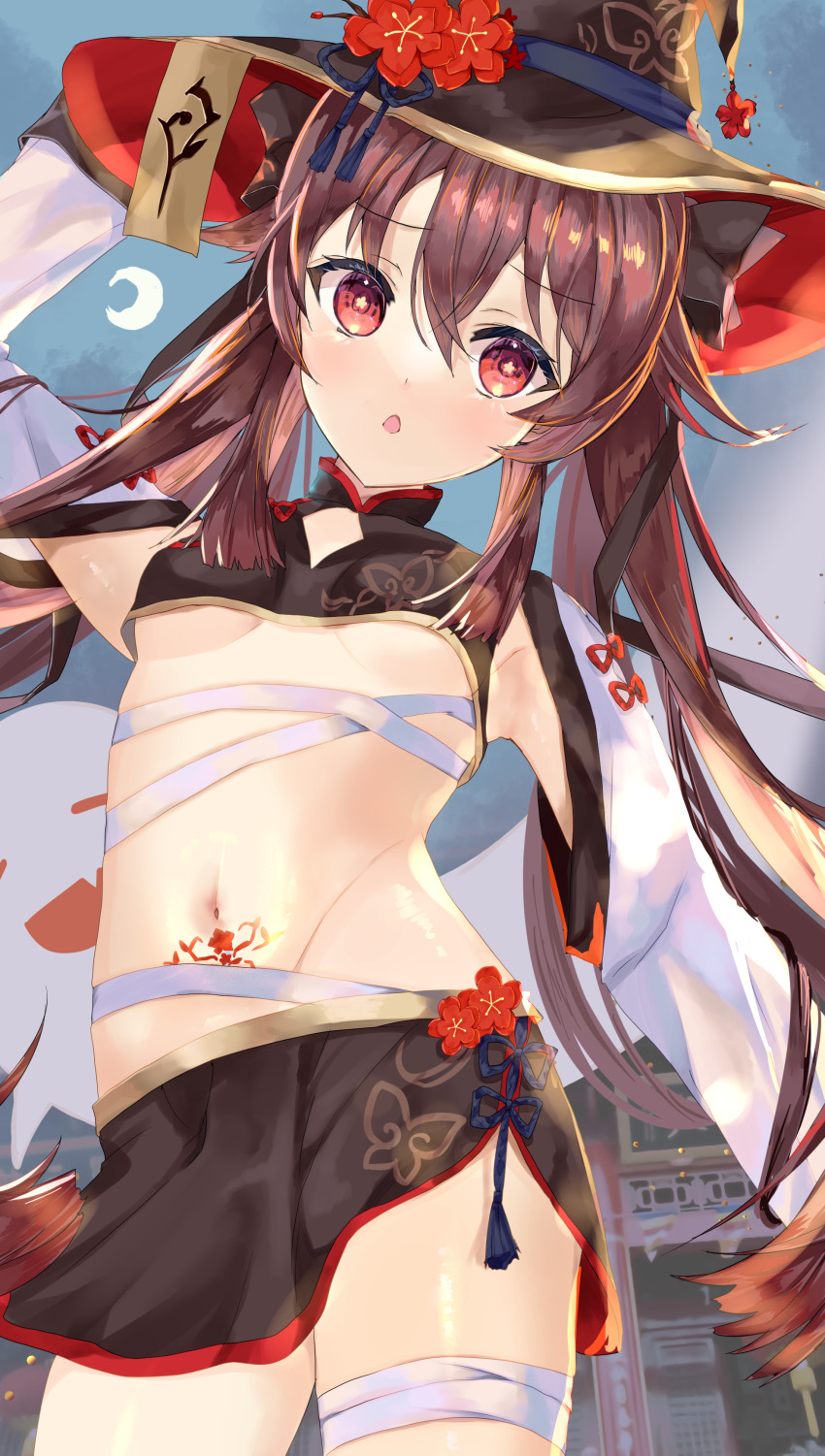 1girl, absurdres, adjusting_clothes, adjusting_headwear, alternate_costume, architecture, arm_behind_head, armpits