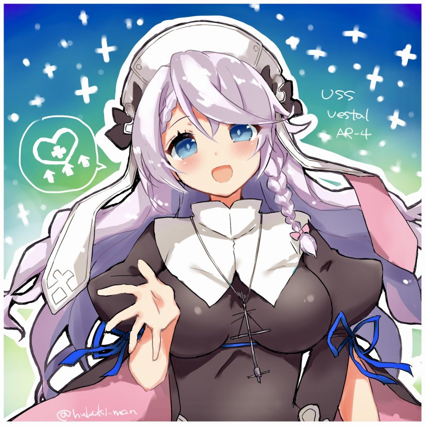 1girl, azur_lane, blue_eyes, blush, braid, breasts, commentary_request, dress