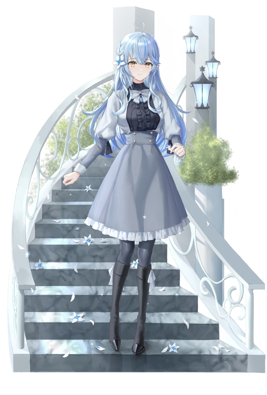 1girl, absurdres, ahoge, black_boots, black_legwear, black_shirt, blouse, blue_hair