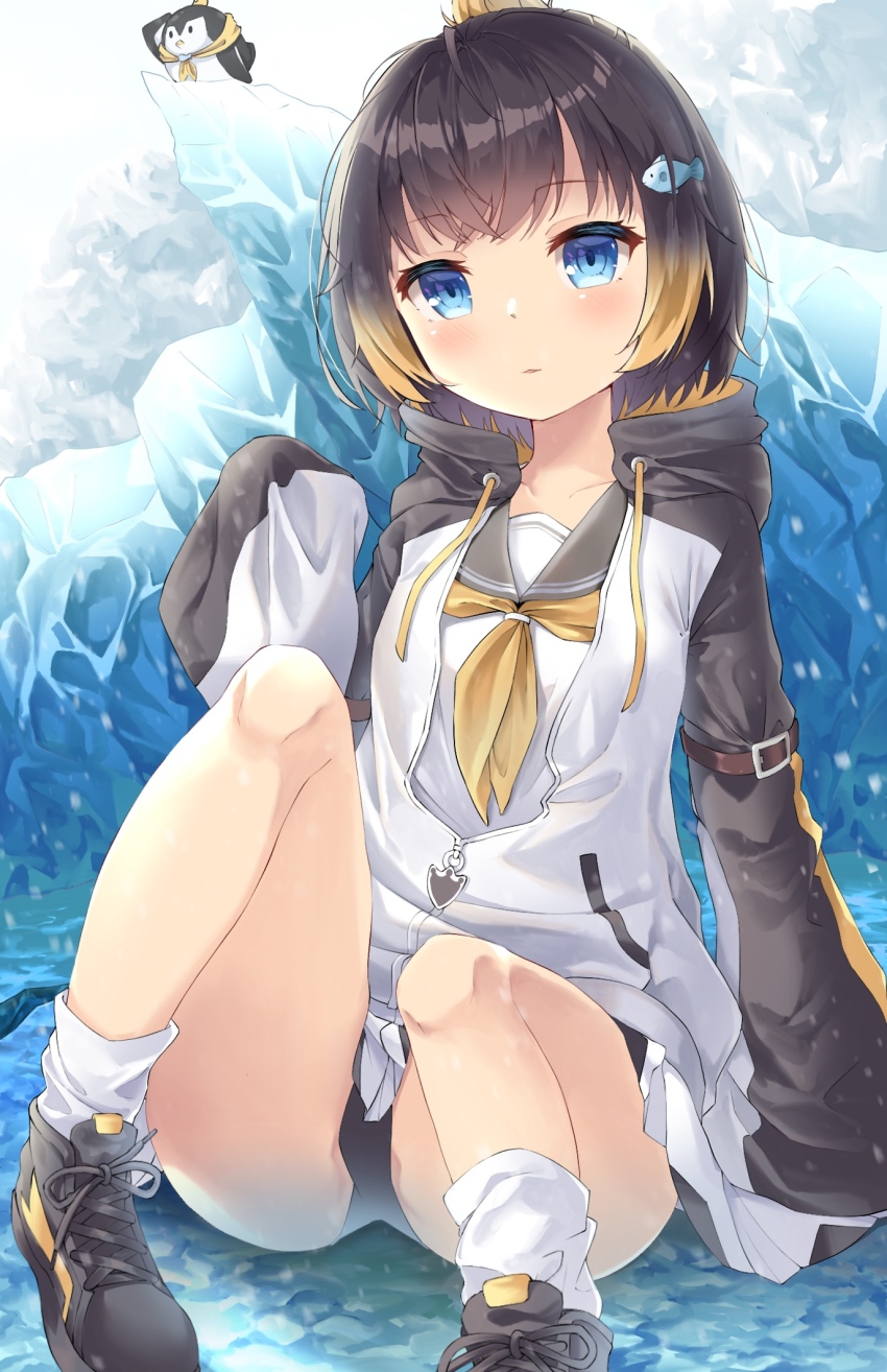 1girl, bad_id, bad_pixiv_id, black_hair, black_panties, blonde_hair, blue_eyes, fish_hair_ornament