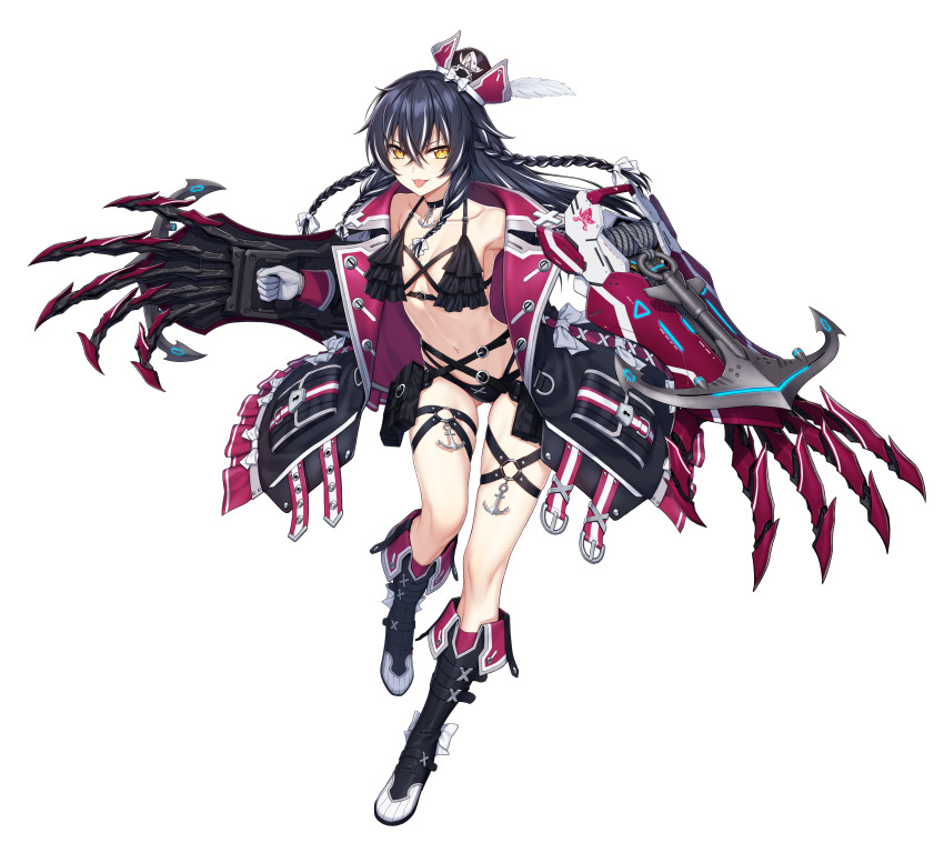 1girl, absurdres, alpha_transparency, anchor, bare_shoulders, bikini, black_bikini, black_boots, black_choker, black_hair, black_legwear, boots, braid, breasts, choker, claws, collarbone, counter:side, dracasia, feathers, full_body, gloves, highres, long_hair, navel, off_shoulder, official_art, open_clothes, solo, swimsuit, tachi-e, thigh_strap, tongue, tongue_out, transparent_background, white_gloves, yellow_eyes