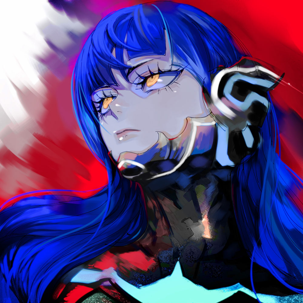 1boy, androgynous, armor, bodysuit, eyelashes, long_hair, looking_away, male_focus, nahobino, protagonist_(aogami_nahobino)_(smtv), protagonist_(smtv), purple_hair, shin_megami_tensei, shin_megami_tensei_v, simple_background, solo, upper_body, very_long_hair, yellow_eyes, zakki