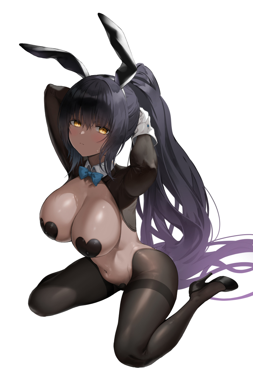 1girl, :|, absurdres, alternate_costume, animal_ears, arms_behind_head, ass, bad_id