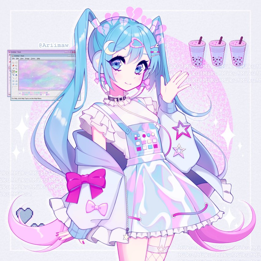 absurdres, alternate_costume, aqua_eyes, aqua_hair, ariimaw, blouse, blush, bow