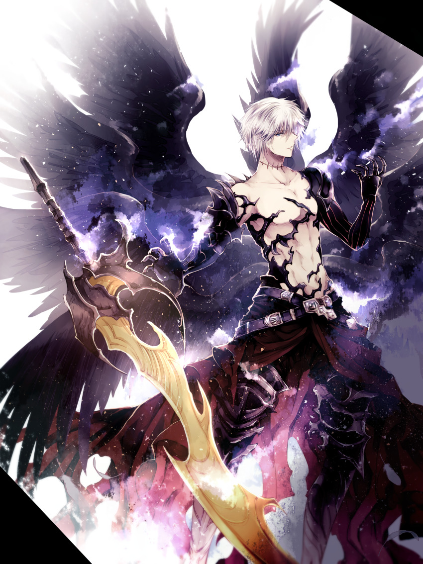 1boy, absurdres, angel_wings, armor, black_wings, blue_eyes, granblue_fantasy, hair_between_eyes