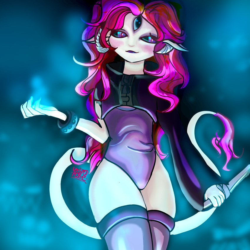 absurdres, asymmetrical_clothes, flat_chest, highres, horns, katana, magic, original, pointy_ears, resolution_mismatch, self-upload, shiny_clothes, smug, solo, source_smaller, sword, tail, thick_thighs, thighhighs, thighs, third_eye, umbrapone, weapon