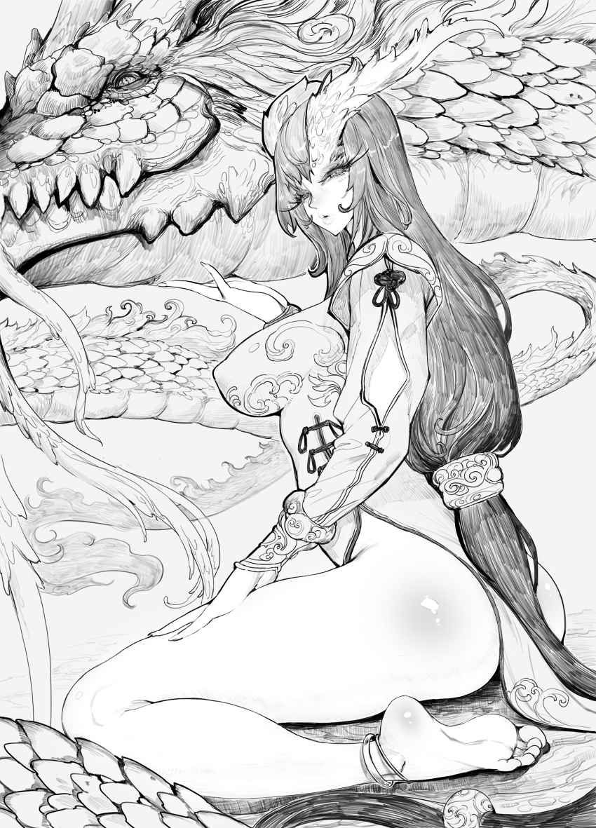 1girl, absurdres, anklet, ass, barefoot, china_dress, chinese_clothes, covered_erect_nipples, dragon, dragon_girl, dress, eyelashes, highres, jeffr, jewelry, kneeling, legs, lips, long_hair, looking_at_viewer, low_ponytail, monochrome, original, ponytail, scales, shiny_skin, side-tie_costume, side_slit, sketch, solo, very_long_hair