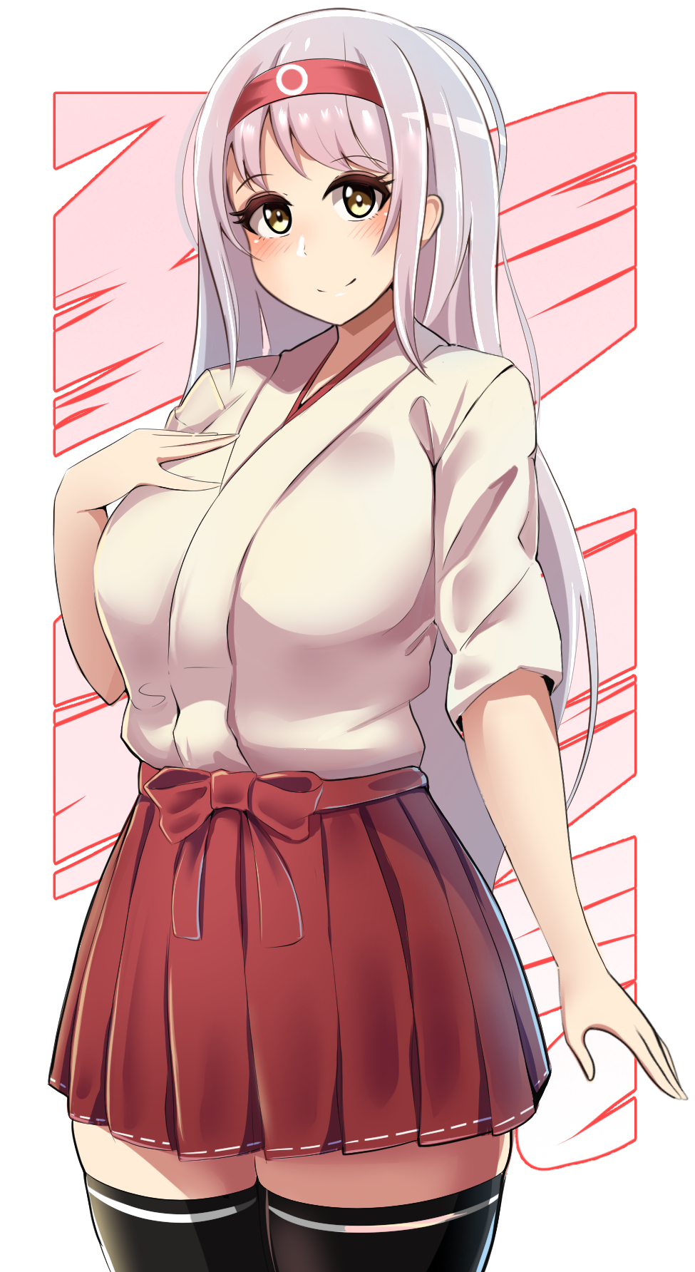 1girl, black_thighhighs, breasts, cowboy_shot, hakama, hakama_short_skirt, hakama_skirt, headband