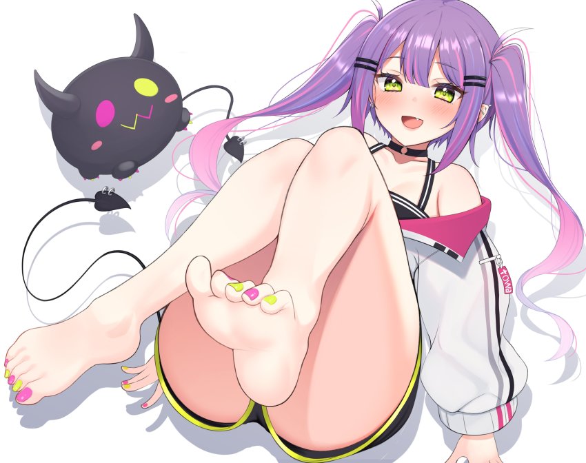 1girl, :d, absurdres, bare_legs, barefoot, bibi_(tokoyami_towa), black_shorts, blush