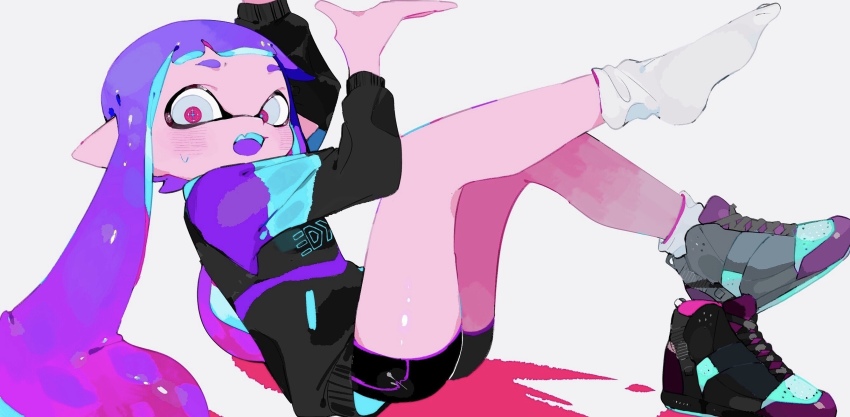 1girl, black_footwear, black_shirt, black_shorts, fang, hand_up, highres, ikamusume, ink, inkling, inkling_girl, inkling_player_character, leg_up, long_hair, long_sleeves, looking_at_viewer, magenta_eyes, miluchi, nintendo, on_floor, open_mouth, pink_eyes, purple_hair, shirt, shoes, short_shorts, shorts, splatoon_(series), splatoon_2, sweat, sweatdrop, unworn_shoes, very_long_hair, white_legwear
