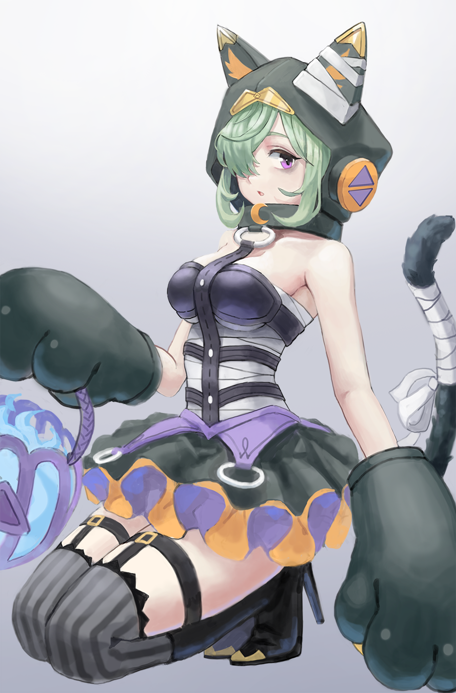 1girl, animal_ears, animal_hands, animal_hood, bags_under_eyes, bandaged_tail, bandages, bare_shoulders