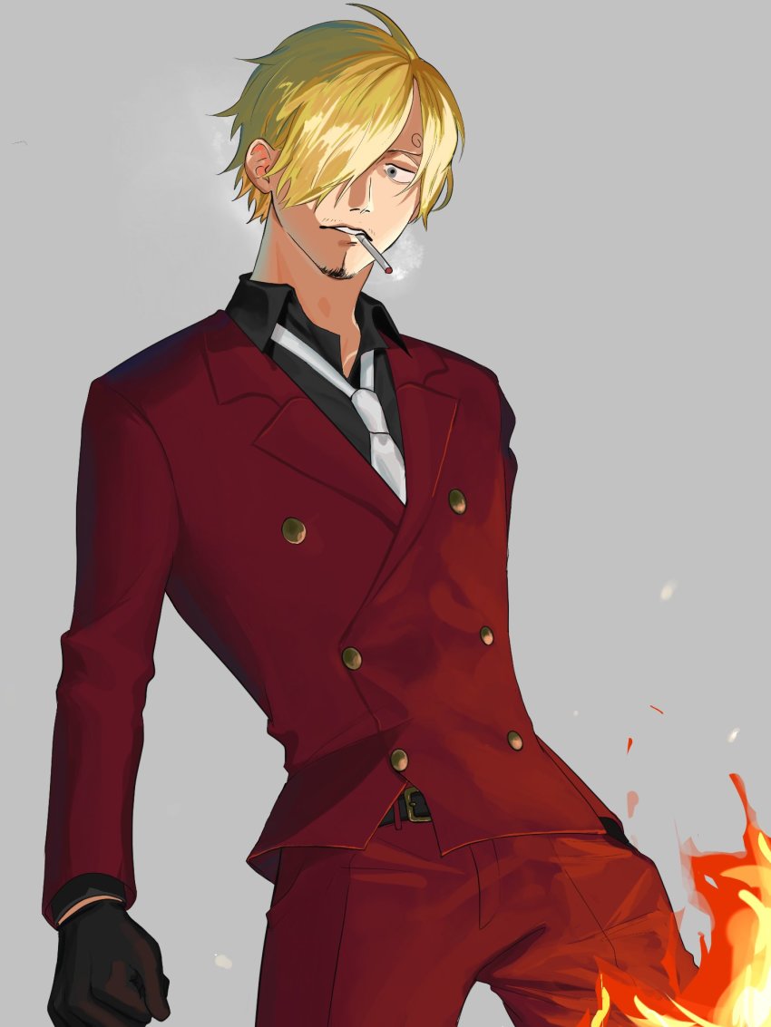 1boy, belt, belt_buckle, blonde_hair, buckle, buttons, cigarette, collared_shirt