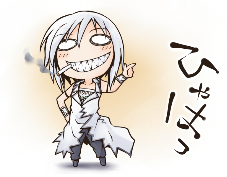 ashiarai-yashiki_no_juunintachi, character_request, cigarette, nekoguruma, o_o, sharp_teeth, short_hair, smoking, solo, sumitsu_yoshitaka, teeth, translation_request, white_hair