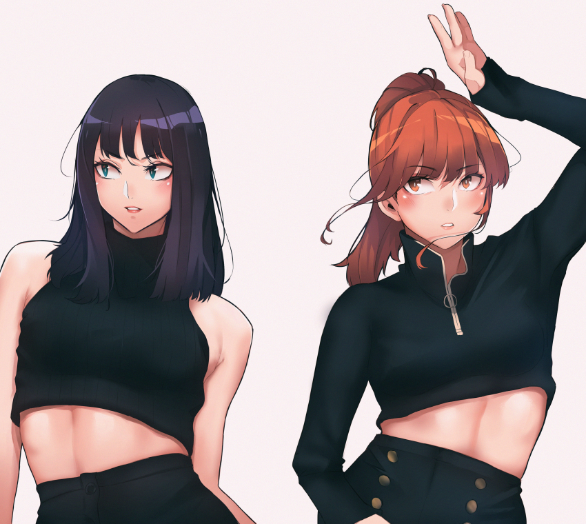 2girls, absurdres, animification, black_hair, black_shorts, black_sweater, blue_eyes, blush, breasts, brown_hair, commentary, crop_top, high-waist_pants, highres, k-pop, leaning_to_the_side, long_hair, looking_to_the_side, looking_up, medium_breasts, mina_(twice), momo_(twice), multiple_girls, open_hand, pants, parted_lips, ponytail, real_life, shorts, sweater, untranslatable_commentary, twice_(group), vuxer