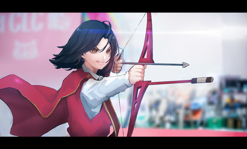 1girl, absurdres, aiming, animification, black_hair, blurry, blurry_background, bow_(weapon)