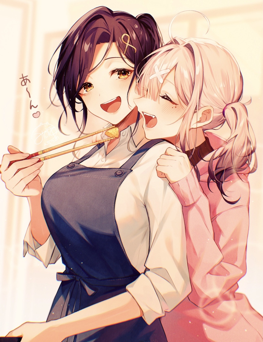 2girls, ahoge, apron, blush, brown_eyes, brown_hair, chopsticks, closed_eyes