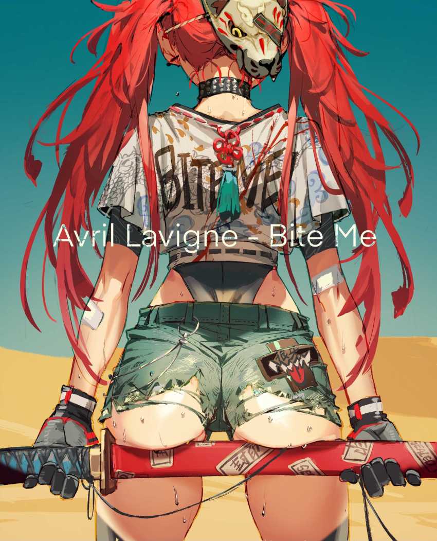 1girl, absurdres, arms_at_sides, ass, bandaid, bandaid_on_arm, black_thighhighs, blue_shorts