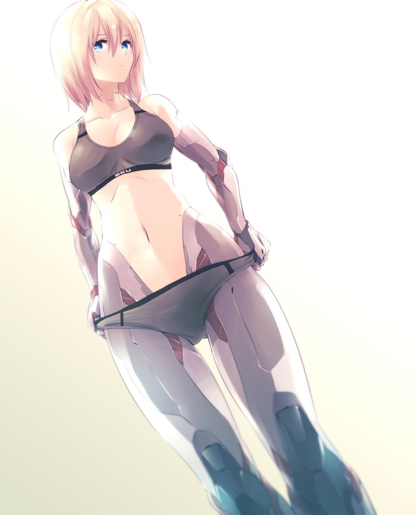 1girl, absurdres, android, blau_(mechanical_buddy_universe), blonde_hair, blue_eyes, crop_top, expressionless