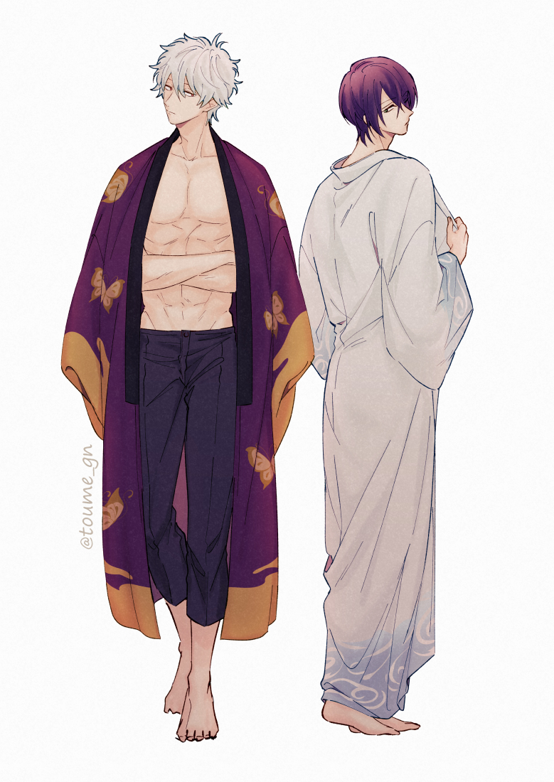 2boys, artist_name, barefoot, cosplay, costume_switch, crossed_arms, gintama, japanese_clothes
