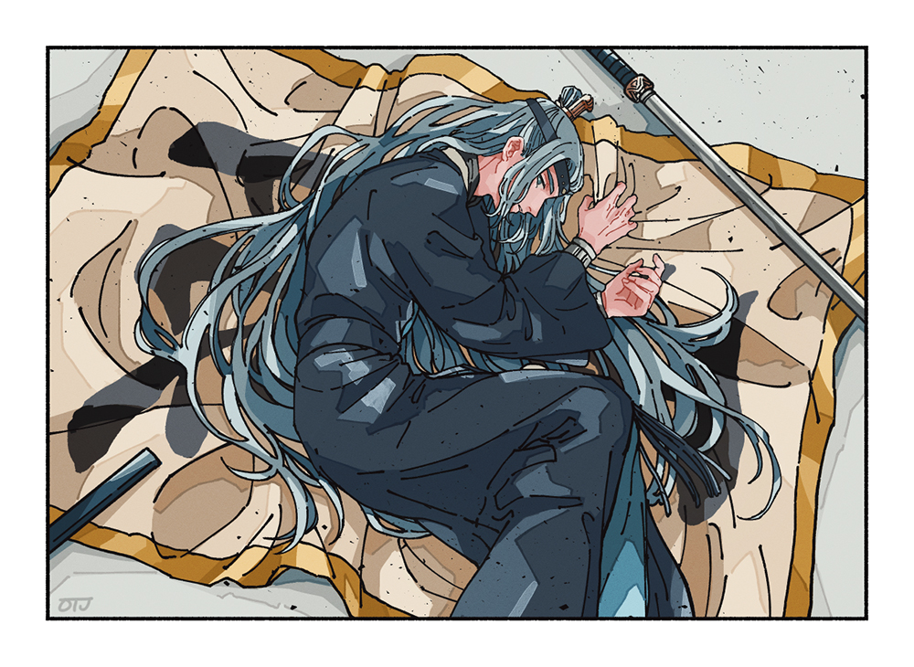 1boy, black_robe, blanket, feet_out_of_frame, grey_hair, hands_up, lanxi_zhen, long_hair