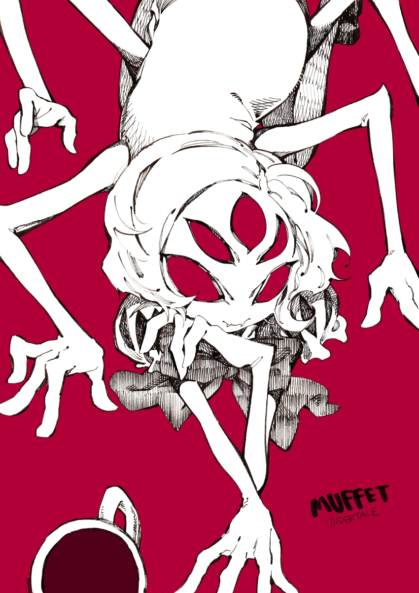 1girl, absurdres, character_name, copyright_name, cup, dress, extra_arms, extra_eyes, female_focus, highres, minoda_(mndh), mochi_au_lait, monochrome, muffet, puffy_short_sleeves, puffy_sleeves, red_background, red_eyes, red_theme, short_hair, short_sleeves, smile, solo, spot_color, teacup, undertale, utdr_(toby_fox)