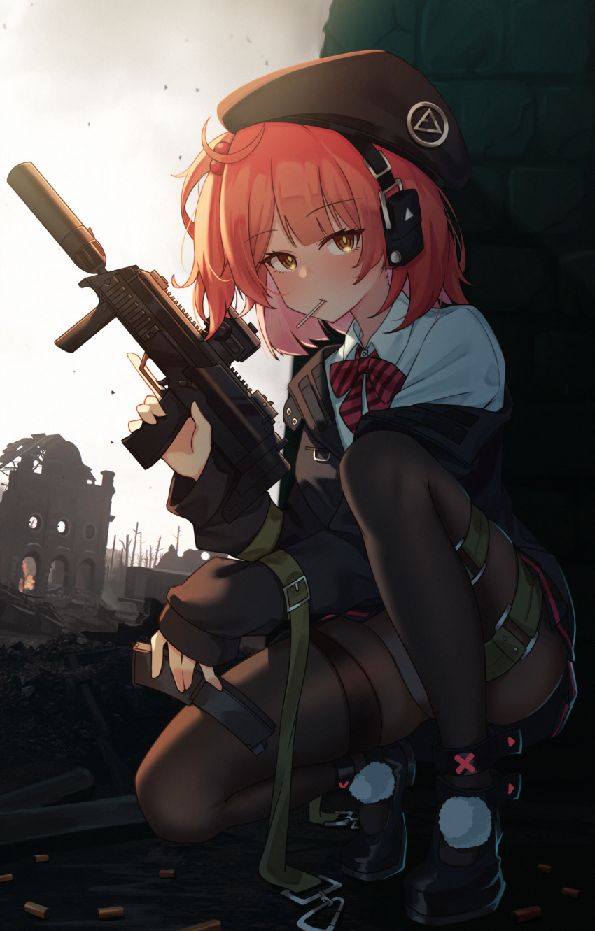 1girl, ahoge, ammunition, armor-piercing_ammunition, beret, blunt_bangs, blush, breasts, candy, collared_shirt, commission, food, girls'_frontline, gun, h&amp;k_mp7, handgun_cartridge, hat, headset, highres, hk_4.6x30mm, jl_tan, lollipop, machine_gun, machine_pistol, magazine_(weapon), medium_breasts, medium_hair, military_cartridge, mp7_(girls'_frontline), off_shoulder, panties, panties_under_pantyhose, pantyhose, pantyshot, pdw_cartridge, personal_defense_weapon, pistol_cartridge, pleated_skirt, pom_pom_(clothes), red_hair, ribbon, shirt, skirt, solo, squatting, submachine_gun, supersonic_ammunition, suppressor, thigh_strap, thighs, trigger_discipline, underwear, weapon, yellow_eyes