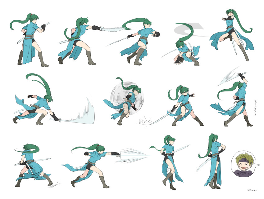 1girl, action, arm_support, arm_up, attack, black_gloves, black_shorts, blue_dress